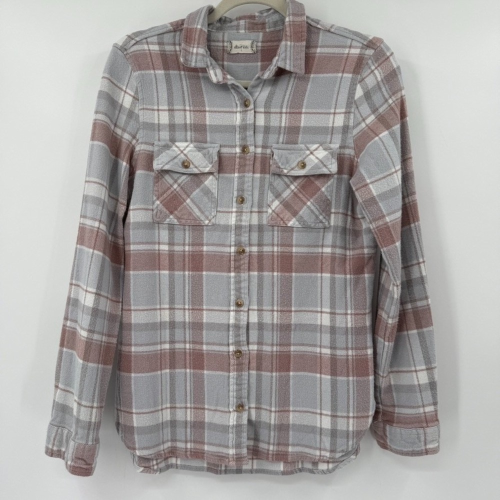 Womens Soft Plaid Flannel Shirt Size L Dusty Mauve Neutral Granola Girl Hiking
